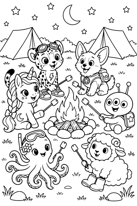 Crayonest friends roasting marshmallows around a log campfire, with tents, grass, rocks, backpacks, a crescent moon, and stars.