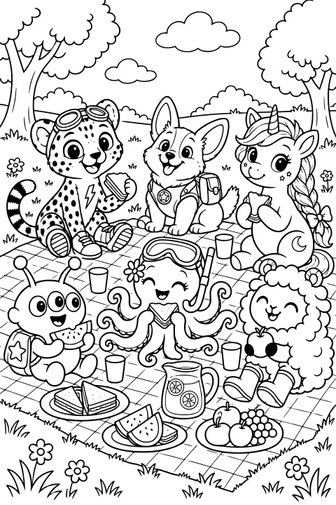 Crayonest Friends sit on a checked picnic blanket with sandwiches, fruit, cups, and a citrus pitcher, surrounded by trees, grass, flowers, and clouds.