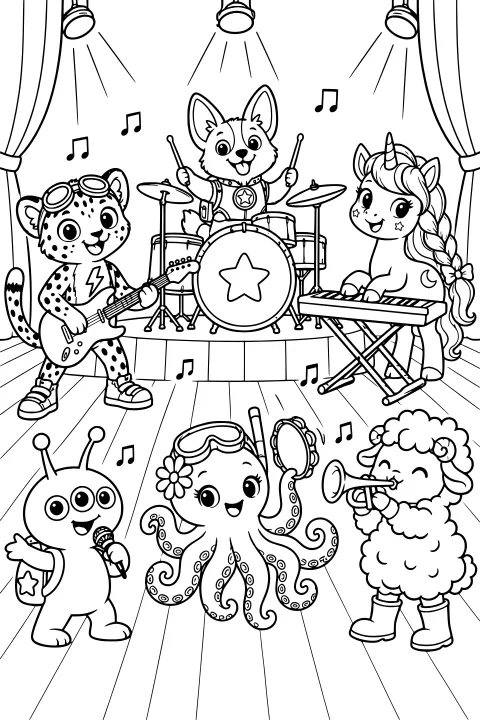 Crayonest Friends performing on a curtained stage with drums, guitar, keyboard, microphone, tambourine, trumpet, spotlights, and music notes.