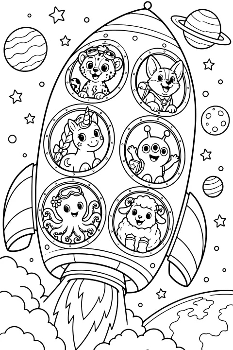 Crayonest Friends peeking from round rocket portholes as the spacecraft launches past clouds, stars, planets, and Earth.