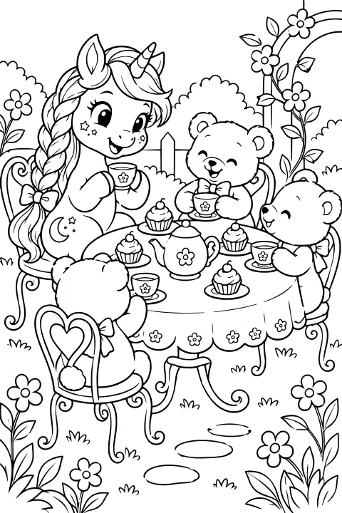 Luma the unicorn at a round garden table set with a teapot, cups, saucers, and cupcakes, surrounded by flowers, ornate chairs, and an arched trellis.