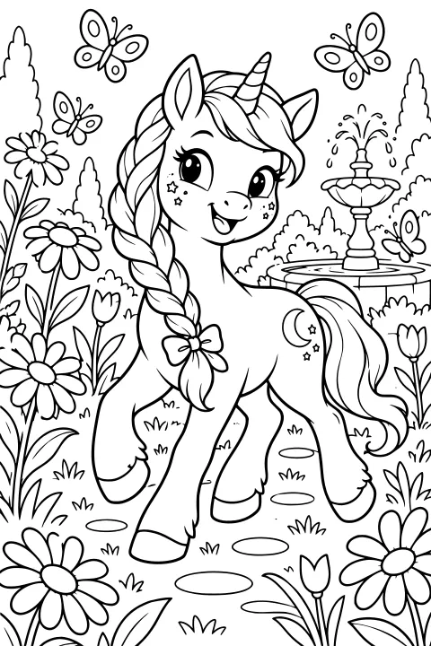 Luma the unicorn with a braided mane, bow, striped horn, crescent and star markings, surrounded by large flowers, butterflies, shrubs, and a tiered fountain.