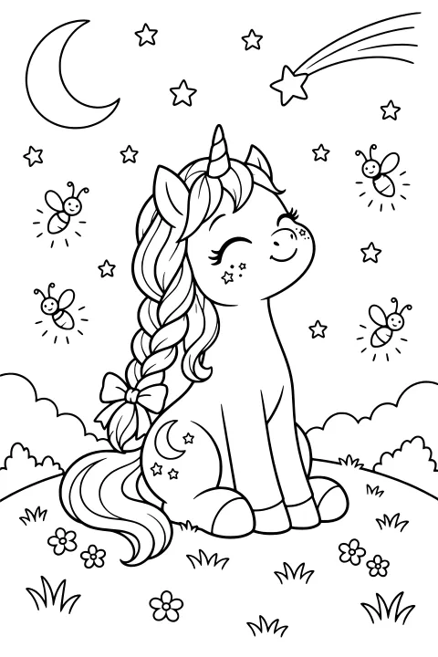 Luma the unicorn sitting in a meadow beneath a crescent moon and stars, surrounded by flowers, clouds, grass, and flying bees.