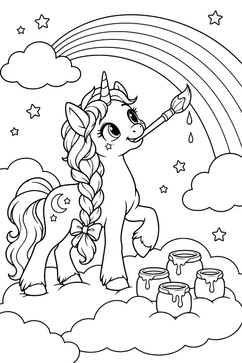 Luma the unicorn holding a paintbrush toward a rainbow, surrounded by clouds, stars, paint drips, and open paint jars.