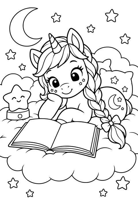 Luma the unicorn behind an open book on clouds, with a braided mane, horn, bow, crescent moon, stars, pillows, and a star-shaped ornament.