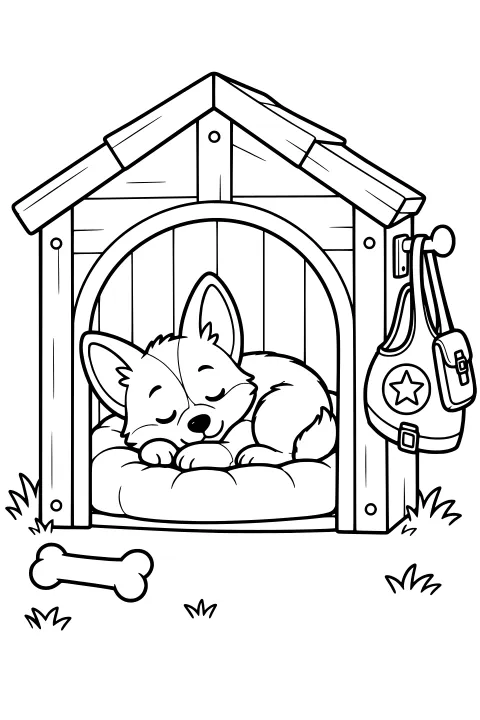 Scout the Corgi curled asleep on a cushion inside a wooden doghouse, with a star-marked bag hanging at the side, grass tufts around the base, and a bone in front.