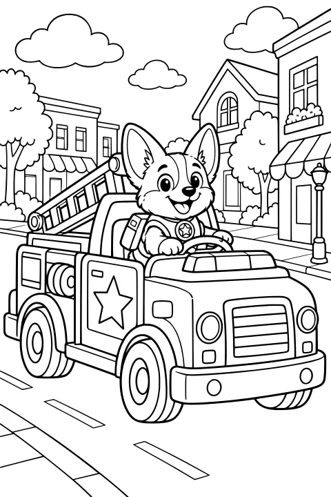 Scout the Corgi behind the wheel of a rescue truck with a ladder and hose, traveling along a street with buildings, trees, awnings, and clouds.