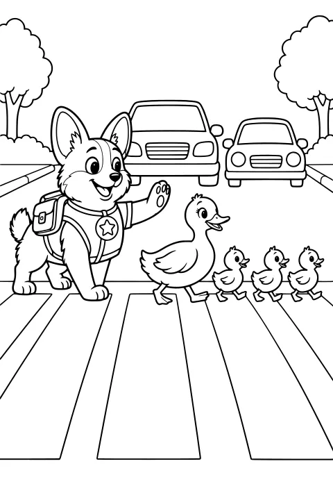 Scout the Corgi raising a paw beside ducklings on a striped crosswalk, with cars, bushes, and trees along the road
