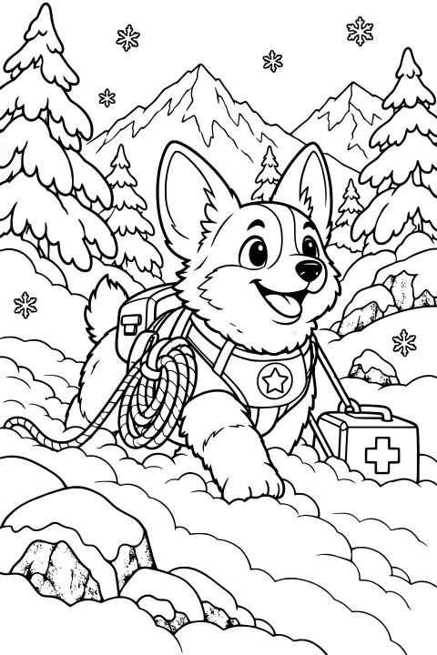 Scout the Corgi in rescue gear with a backpack, coiled rope, and medical case among snowy pine trees and mountain peaks.