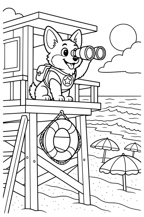 Scout the Corgi looking through binoculars from a lifeguard tower above a sandy beach with a life ring, umbrellas, rolling waves, clouds, and the sun.