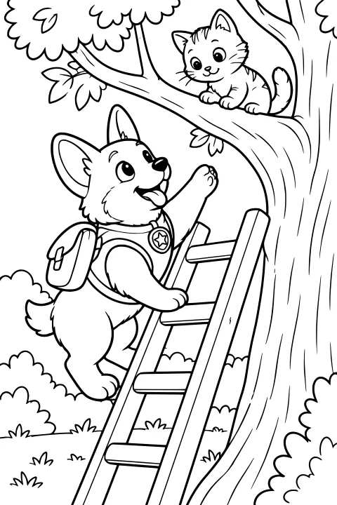 A corgi wearing a backpack and star badge climbs a ladder and reaches toward a kitten perched on a tree branch, with leaves and bushes nearby.
