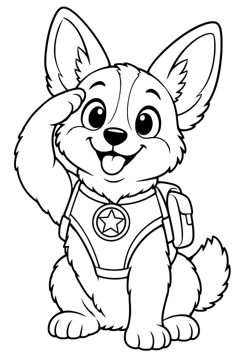 Cartoon corgi sitting and raising a front paw in salute, wearing a vest with a star badge and a small backpack.