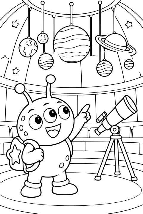 Zorp points toward suspended planets beneath a domed ceiling while standing beside a tripod-mounted telescope and wearing a backpack with a star emblem.