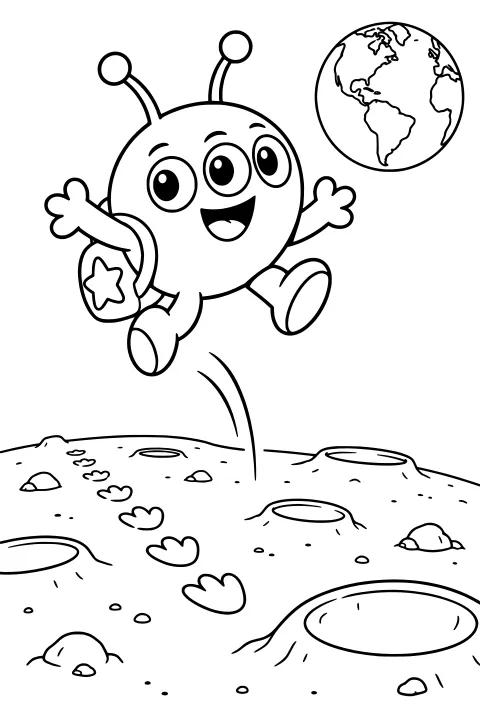 Zorp bouncing above a cratered lunar surface with antennae, large eyes, boots, a star-marked backpack, motion lines, scattered rocks, and Earth in the background.