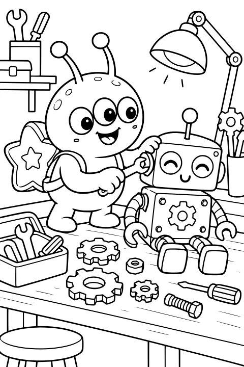 Zorp holding a wrench beside a seated robot at a workbench covered with gears, bolts, screwdrivers, and a toolbox under a desk lamp.