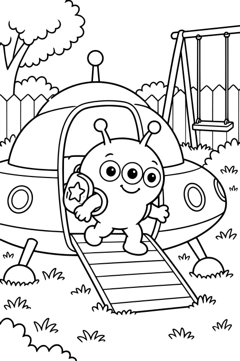 Zorp stepping down a spaceship ramp in a fenced backyard with a tree, bushes, grass, and a swing set.