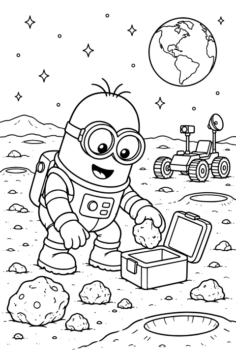 Goggled Minion astronaut placing a moon rock in a sample box beside a lunar rover