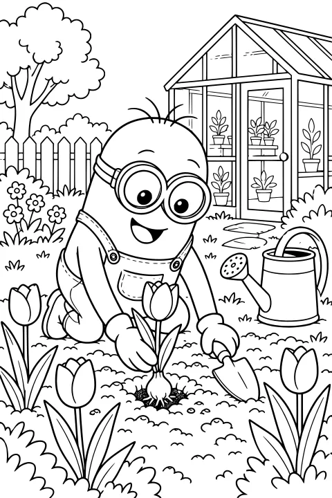 Goggled Minion gardener planting a tulip beside a greenhouse and watering can