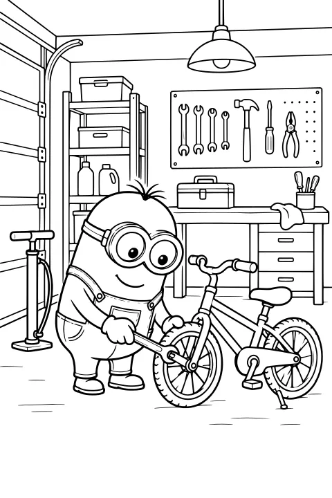 Goggled Minion mechanic using a wrench on a bicycle wheel inside a garage