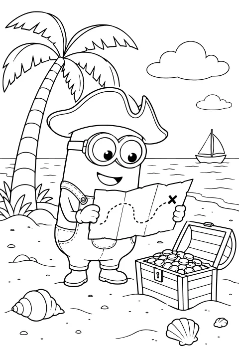 Goggled Minion pirate reading a route map beside an open treasure chest on an island