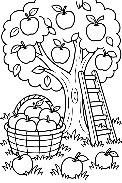 Basket of apples beneath a fruit tree with hanging fruit, scattered leaves, a ladder against the trunk, and apples resting in the grass.
