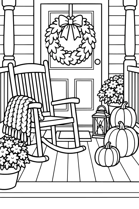Rocking chair with a textured blanket on a wooden porch, surrounded by pumpkins, flowerpots, a lantern, railings, and a wreath on the front door.