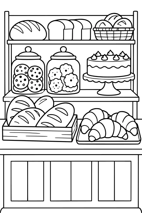 Bakery counter stocked with loaves, rolls, croissants, cookie jars, and a decorated cake arranged on shelves, trays, and a bread crate.