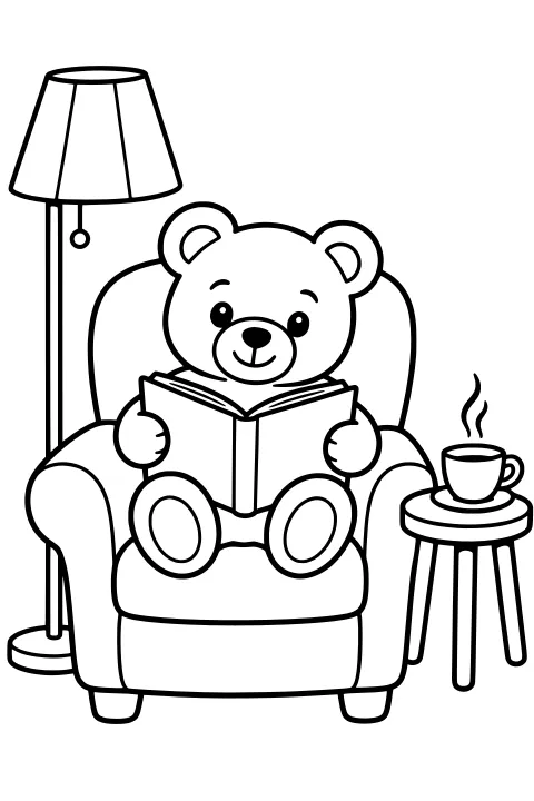Bear holding an open book in a cushioned armchair beside a floor lamp and a round stool with a steaming cup and saucer.