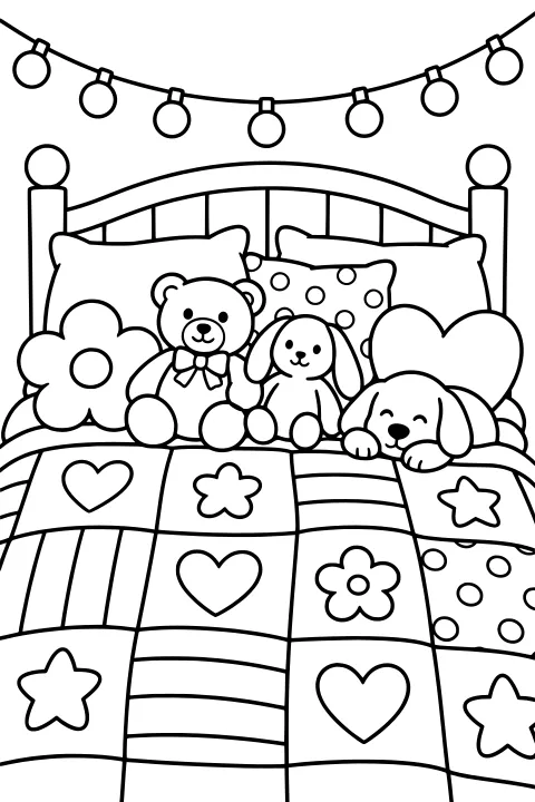 Plush bear, bunny, and floppy-eared dog arranged on a pillow-filled bed beneath bulb lights, with a patchwork quilt of hearts, flowers, stars, stripes, and dots.