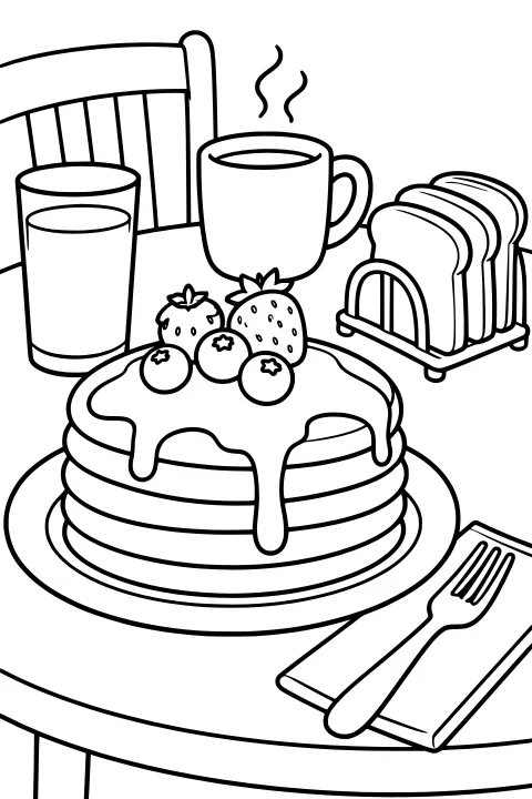 Stacked pancakes topped with syrup and berries beside a steaming mug, glass, toast rack, fork, and napkin on a table.
