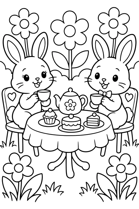 Bunnies seated at a round table with teacups, a flower-decorated teapot, cake, pastries, heart-backed chairs, and large garden flowers.