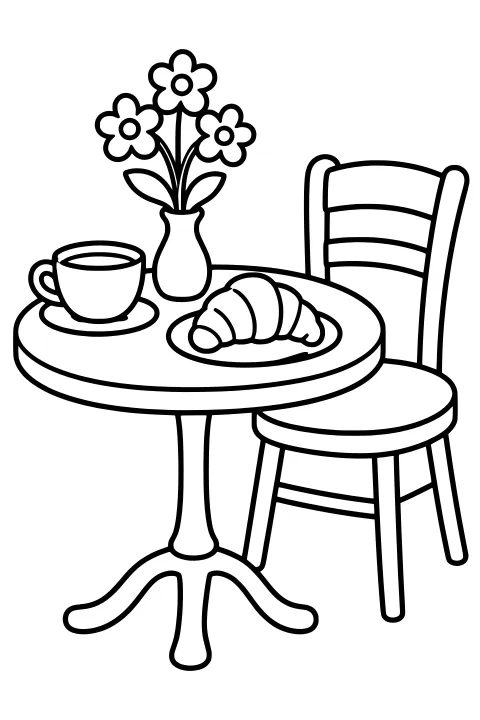 Round pedestal table with a cup and saucer, a plated croissant, and a vase of flowers beside a ladder-back chair.