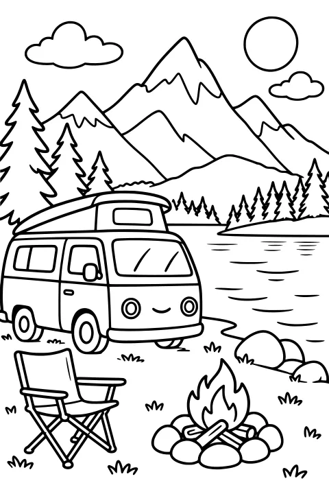 Camper van parked beside a lake with a folding chair, campfire, pine trees, mountains, clouds, and sun.