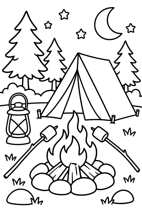 Tent among pine trees beneath a crescent moon and stars, with a campfire, lantern, stones, logs, grass, and marshmallows on roasting sticks.