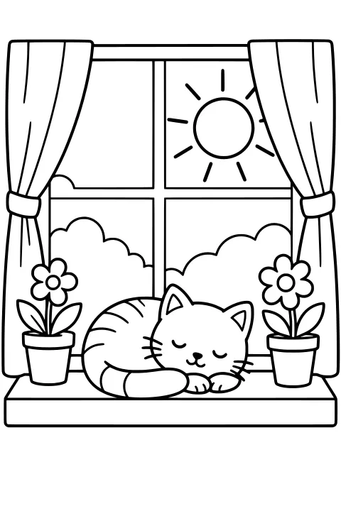 Curled sleeping cat on a windowsill between potted flowers, with tied-back curtains, clouds, and a sun outside the window.