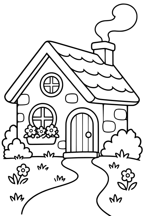 Line art of a cottage with curling chimney smoke, an arched door, round windows, a flower box, scalloped roof bands, shrubs, flowers, and a winding path.
