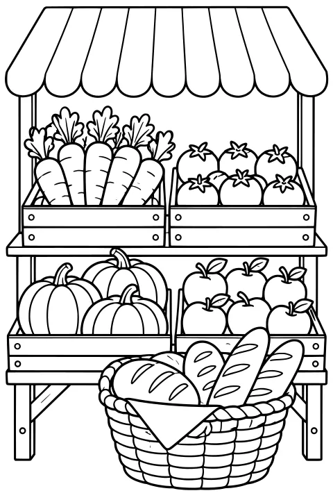 Market stall beneath a striped awning, with crates of carrots, tomatoes, pumpkins, and apples behind a woven basket filled with bread loaves.