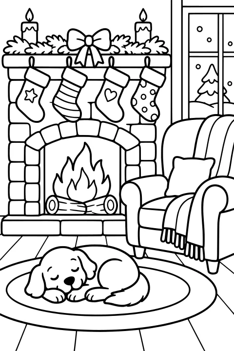 Sleeping dog on an oval rug near a lit brick fireplace with hanging stockings, a decorated mantel, an armchair, and a snowy view through the window.