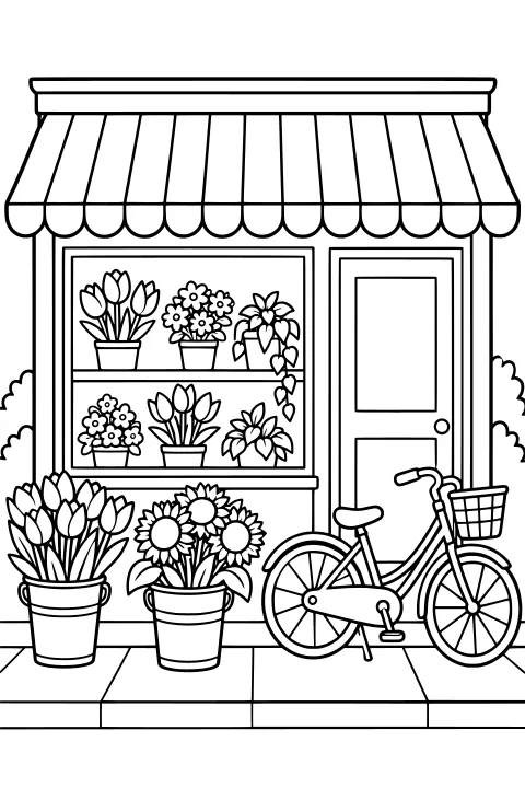 Flower shop facade with a striped awning, potted flowers in the display window, large flowerpots outside, and a bicycle with a front basket by the door.