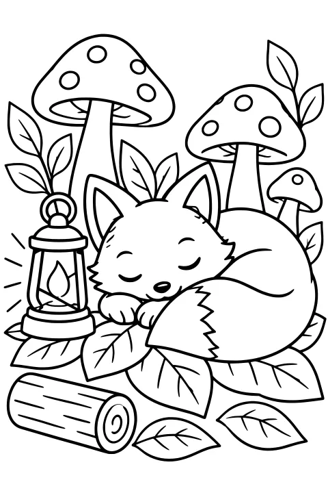 Curled sleeping fox beside a lantern, surrounded by broad leaves, spotted mushrooms, and a cut log.