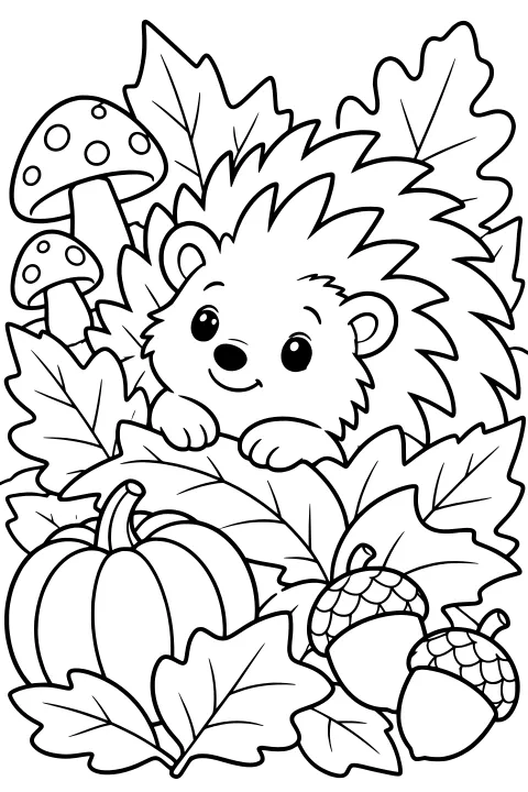 Hedgehog peeking from autumn leaves with a pumpkin, mushrooms, and acorns nearby.