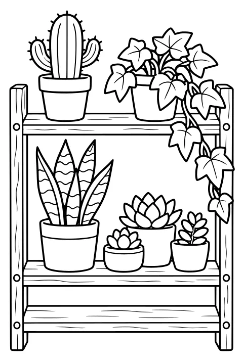 Wooden shelving unit holding potted cactus, trailing vine, pointed foliage, and compact succulents, with an empty lower shelf.