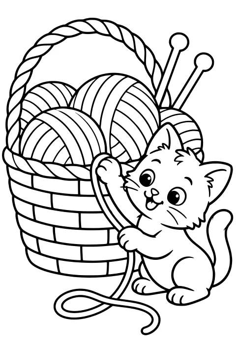Kitten holding a loose yarn strand beside a woven basket filled with yarn balls and knitting needles, with a braided handle arching overhead.