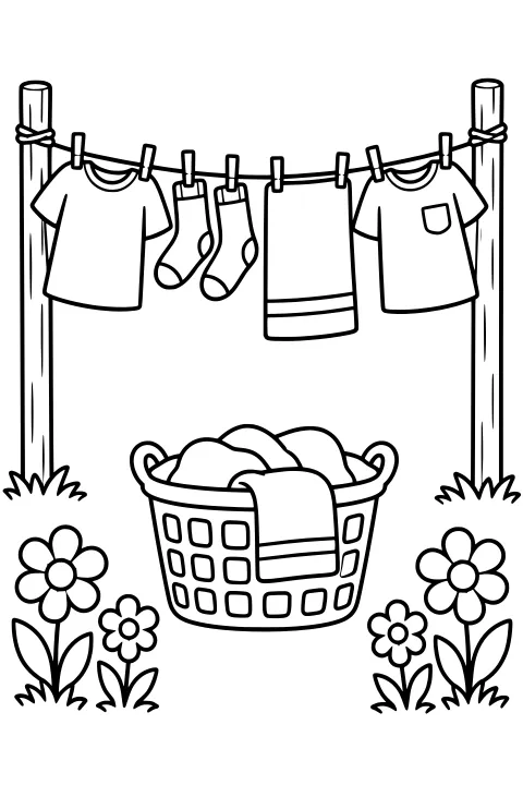 Shirts, socks, and a striped towel clipped to a clothesline above a basket filled with laundry, with flowers and grass around the posts.