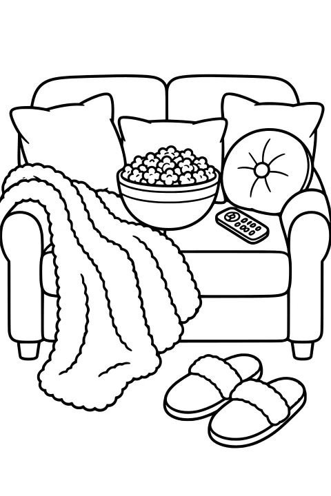 Cushioned armchair with a bowl of popcorn, remote, round pillow, fluffy blanket, and fuzzy slippers arranged nearby.