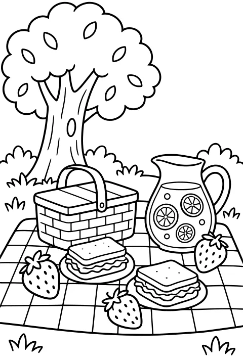 Checked blanket beneath a leafy tree with a handled picnic basket, plated sandwiches, strawberries, and a pitcher decorated with citrus slices.
