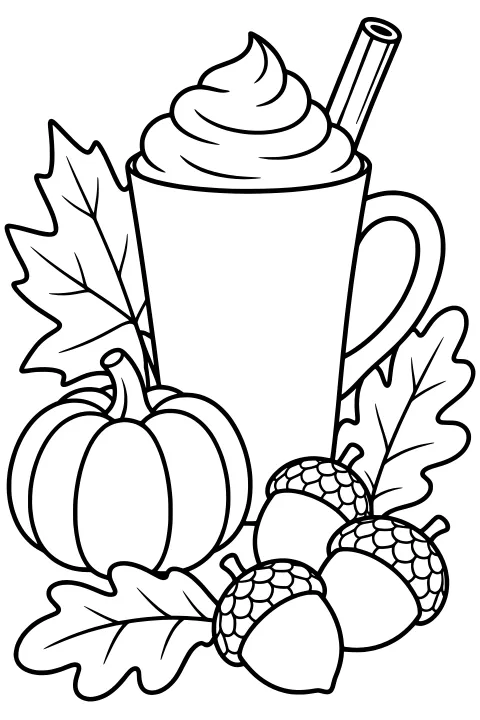 Tall mug with whipped topping and a striped stick, surrounded by a pumpkin, acorns, and large autumn leaves.