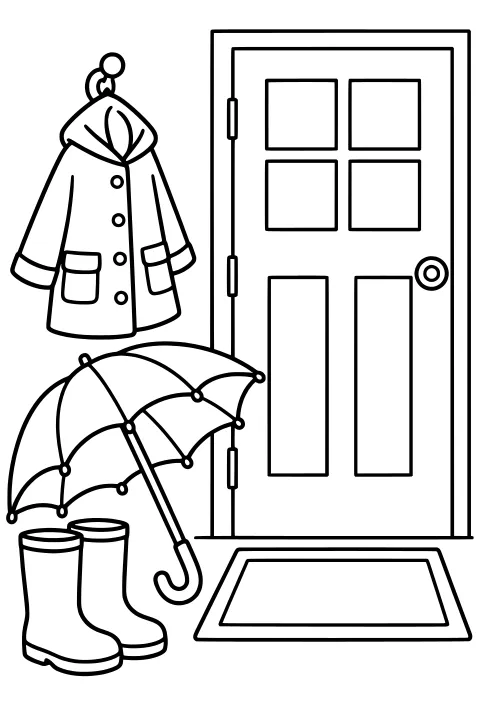 Rain boots and an open umbrella beside a paneled door and doormat, with a buttoned raincoat hanging nearby.