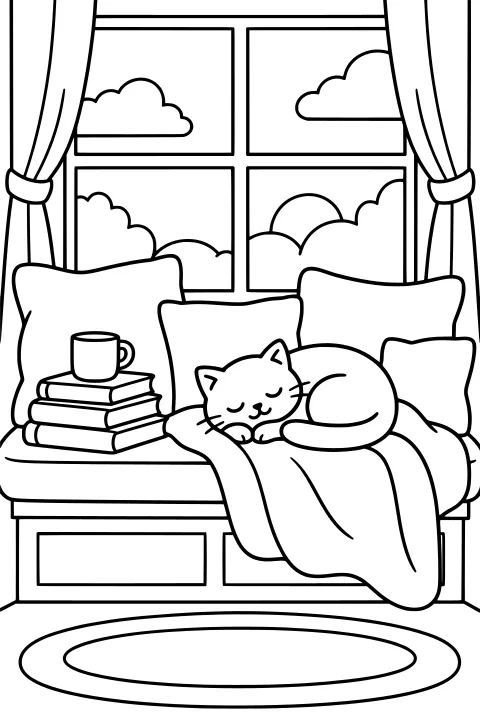 Curled-up cat on a cushioned window seat beside stacked books and a mug, with pillows, a blanket, tied curtains, clouds, and an oval rug.