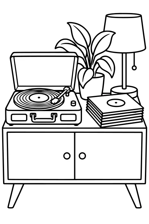 Open record player on a cabinet with a leafy potted plant, pull-chain lamp, and stacked record sleeves